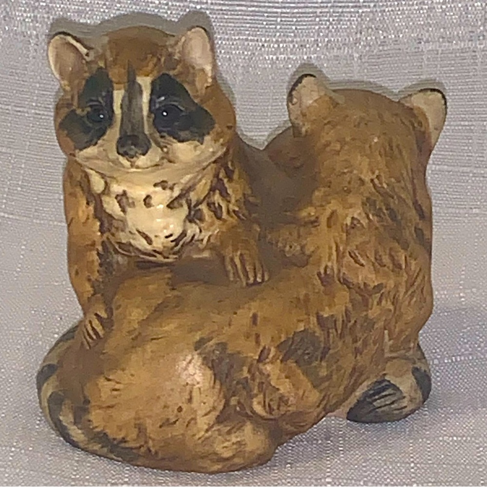 Vintage UCTCI Baby Raccoons Ceramic Figurine Japan Made Hugging Approx 3”